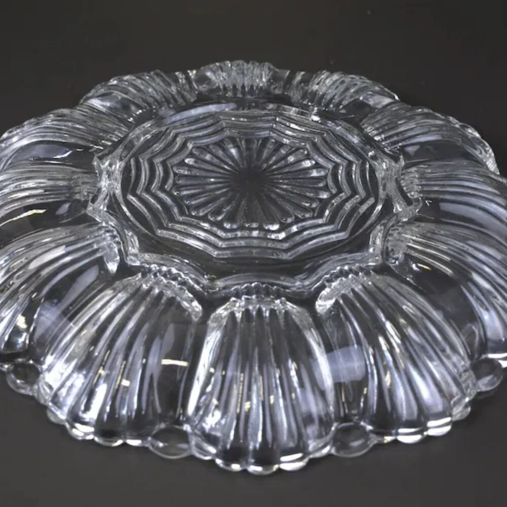 Clear Glass Deviled Egg Serving Tray Platter Anchor Hocking 896 Art Deco Vintage